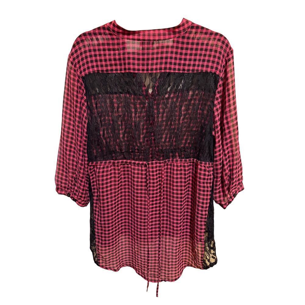 Torrid Women's Pink Black Gingham Tie Back Lace Trim Sheer Boho Top Size 0 Large - Picture 6 of 10